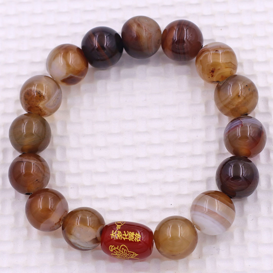 Vòng chuỗi đeo tay mã não nâu sọc 10 ly charm hạt giải thái tuế phù, vòng chuỗi phong thủy, giải năm hạn thái tuế