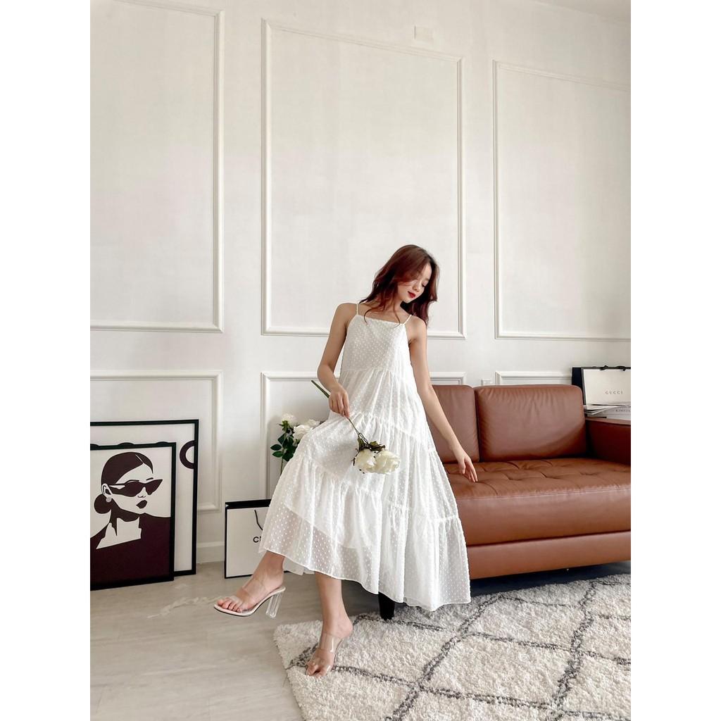 ĐẦM BABDYDOLL VOAN TRẮNG THÊU HOA NỔI 2 DÂY DÁNG XÒE TẦNG