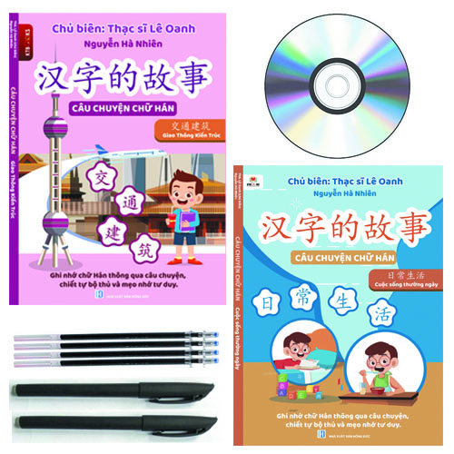 Combo 2 sách CÂU CHUYỆN CHỮ HÁN- Cuộc Sống Thường Ngày &amp; Giao thông Kiến Trúc+ 4 ngòi bay màu+ 2 bút viết +DVD FULL AUDIO NGHE