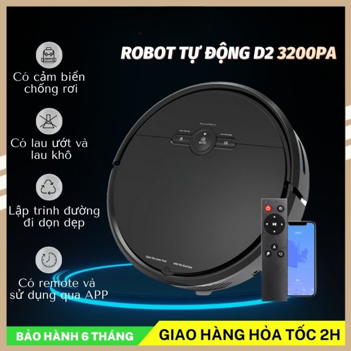 Robot hut bụi lau nhà D2, rô bốt hút bụi, Máy hút bụi gia đình Không Dây loại tốt Công suất cực mạnh pin khủng 4000mAH có hộp nước lau khô ướt, cảm biến chống rơi, chống va chạm