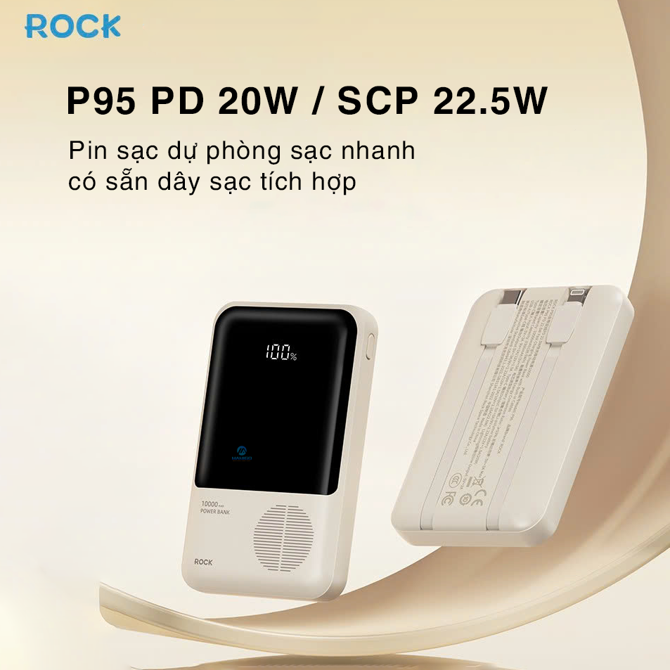 Pin sạc dự phòng mini ROCKSPACE P95 sạc nhanh 22.5w 10000mAh, có tích hợp dây sạc cho điện thoại, hàng chính hãng bảo hành 1 năm