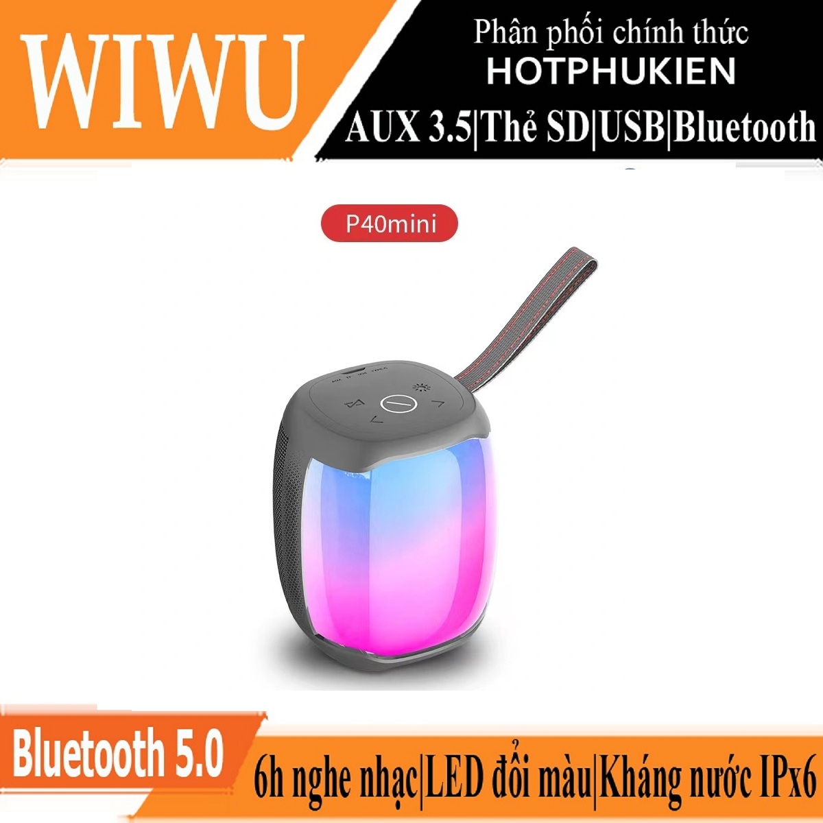 Loa di động thể thao bluetooth chống nước chuẩn IPx6 hiệu WIWU Thunder P40 MINI trang bị đèn LED đổi màu, công nghệ Bluetooth 5.0, Nghe đài radio FM, thẻ SD, có jack âm thanh AUX 3.5mm, thời gian nghe nhạc lên đến 6h - hàng nhập khẩu