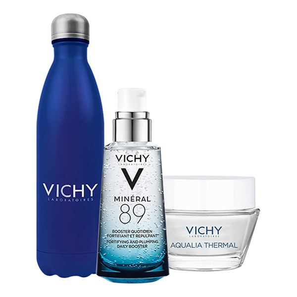 Bộ Sản Phẩm Dưỡng Chất Giàu Khoáng Chất Vichy Mineral 89 (50ml) + Kem Dưỡng Vichy Aqualia (15ml) Và Bình Đựng Nước Vichy