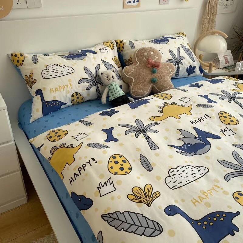 Bộ Chan Ga Gối Cotton Living 100%cotton Hàng Nhập Khẩu Cao Cấp Khủng Long Xanh