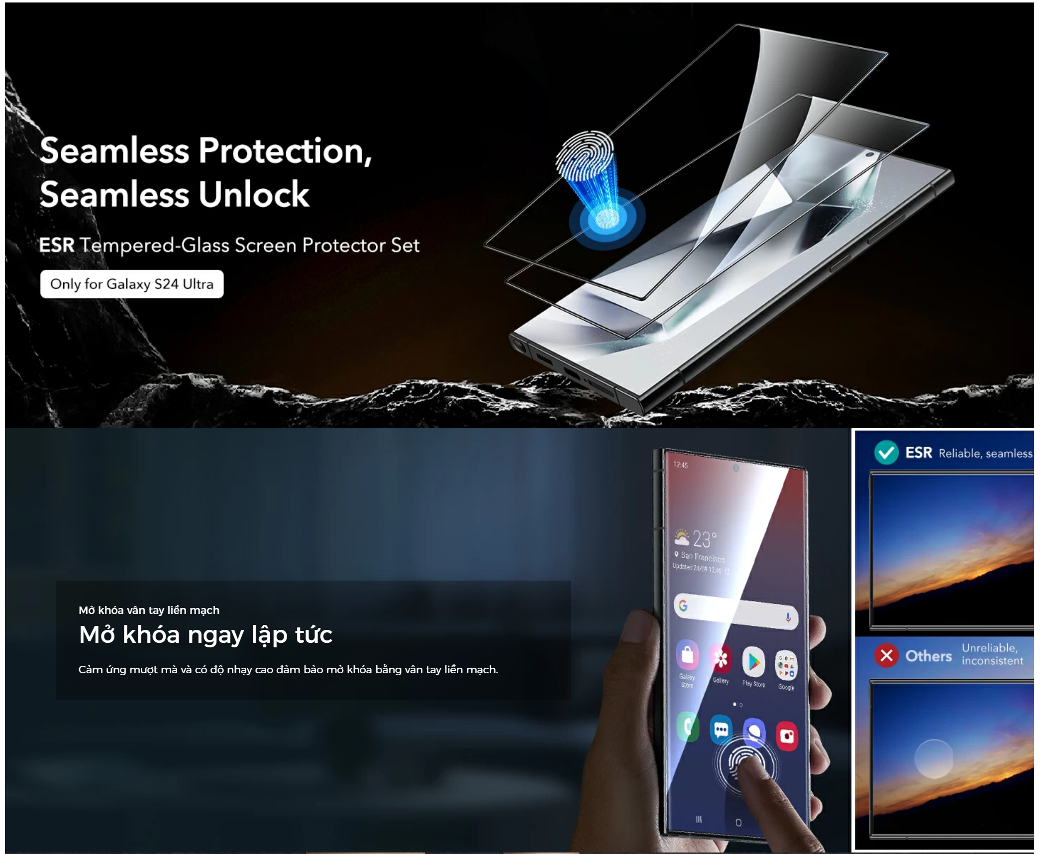 Bộ 2 Kính Cường Lực ESR Tempered-Glass Screen Protector cho Samsung Galaxy S24 Ultra, kèm khung dán_ Hàng chính hãng