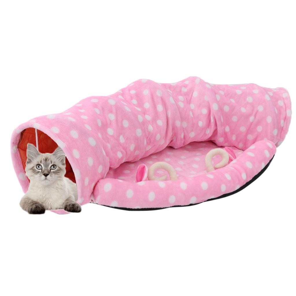 Foldable Cat Tunnel Bed-Kitten Indoor Playing Funny Toy Hanging Fluffy Ball Pink