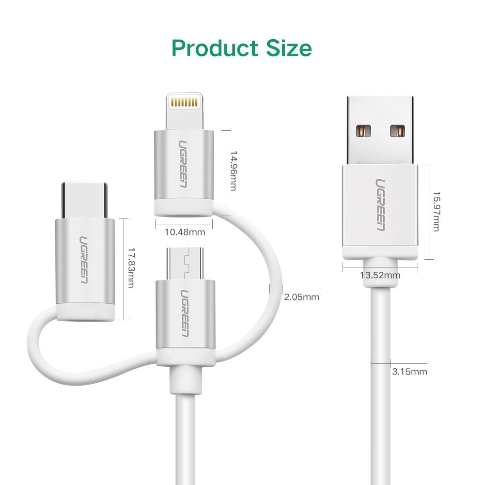 Cáp sạc điện thoại, smartphone 2 trong 1 Ugreen 20749 dài 1.5m chuẩn Micro USB và Lightning, sợi dây dầy, 3 đầu bọc aluminium - Hàng Chính Hãng