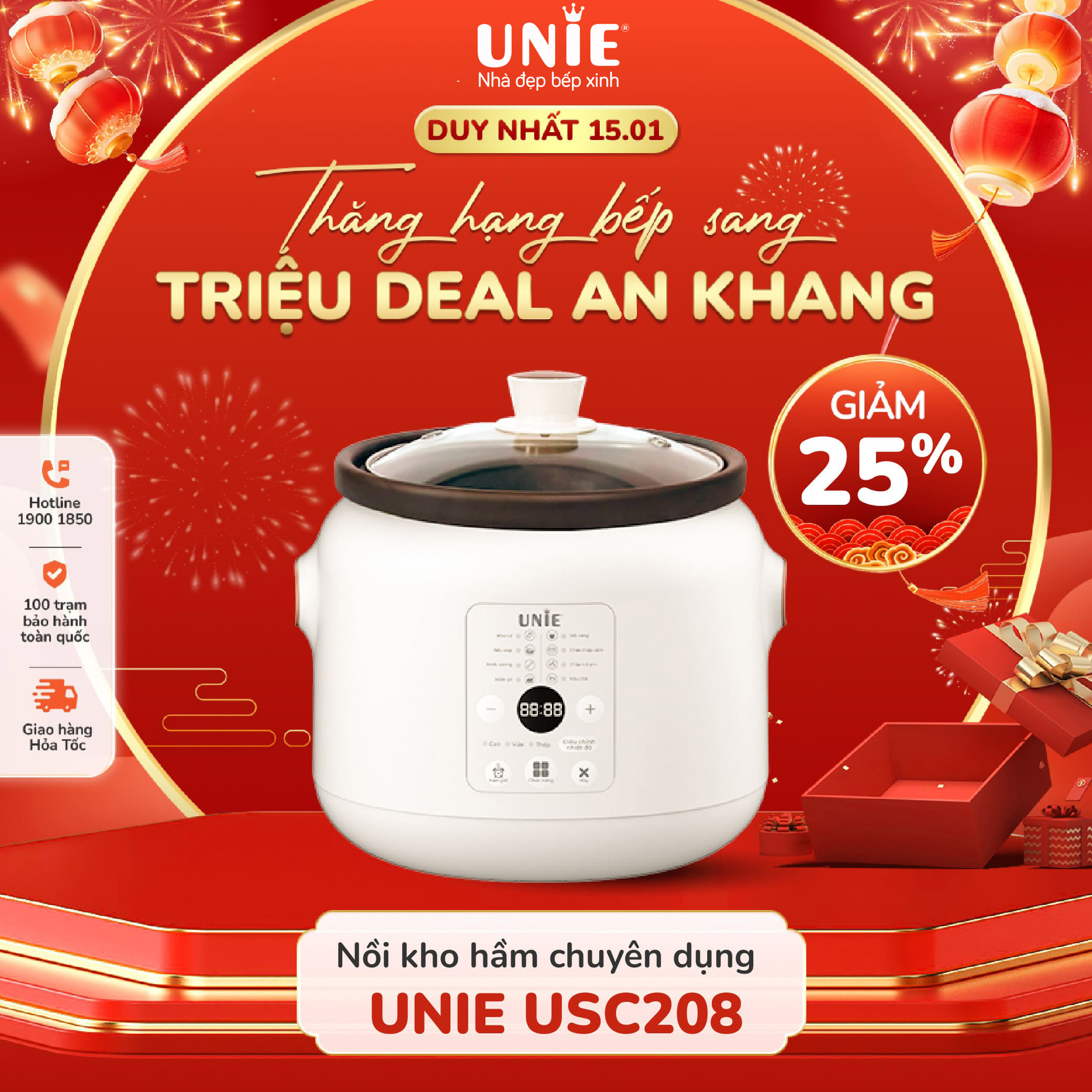 Nồi kho hầm chuyên dụng UNIE USC208, Dung tích 2L, 8 chức năng kho hầm, Lòng nồi gốm Ceramic cao cấp, thiết kế bắt mắt- HÀNG CHÍNH HÃNG