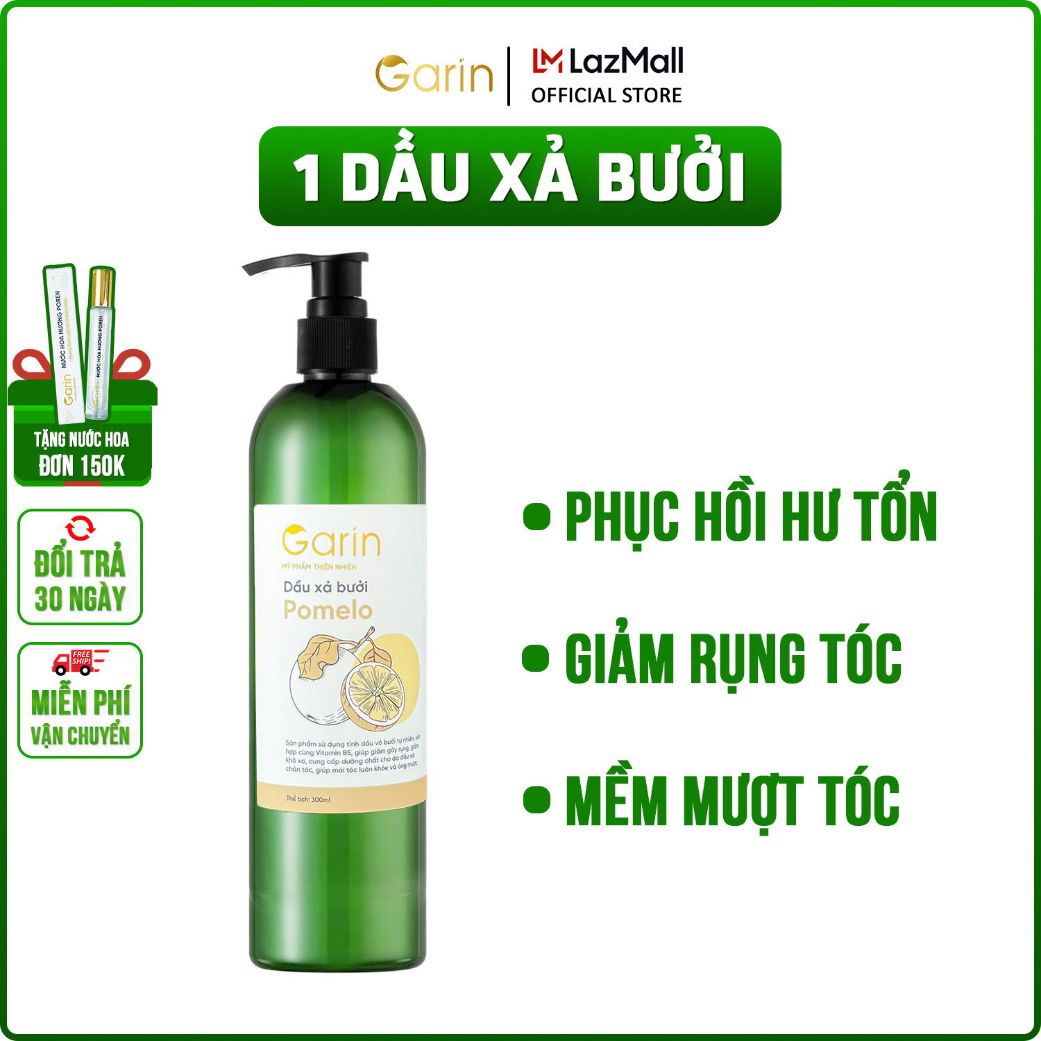 Dầu xả tóc Garin siêu mượt thơm lâu bưởi phục hồi hư tổn giúp tóc chắc khỏe óng ả mềm mại và mọc tóc mới 300ml