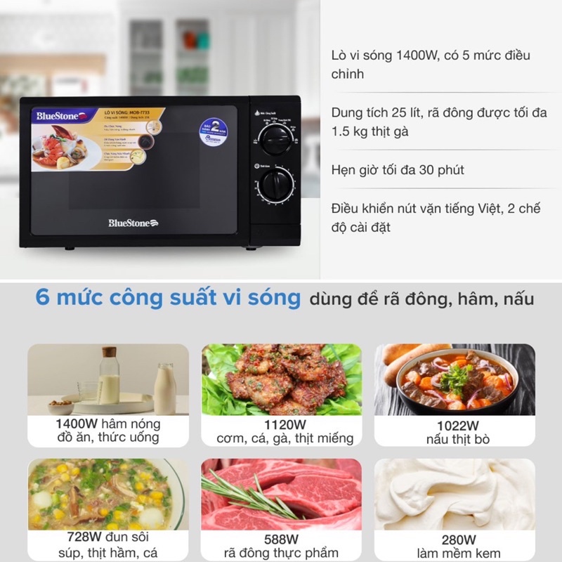 Lò vi sóng Bluestone MOB-7733 25 lít - Công Suất 1400W - Hàng Chính Hãng