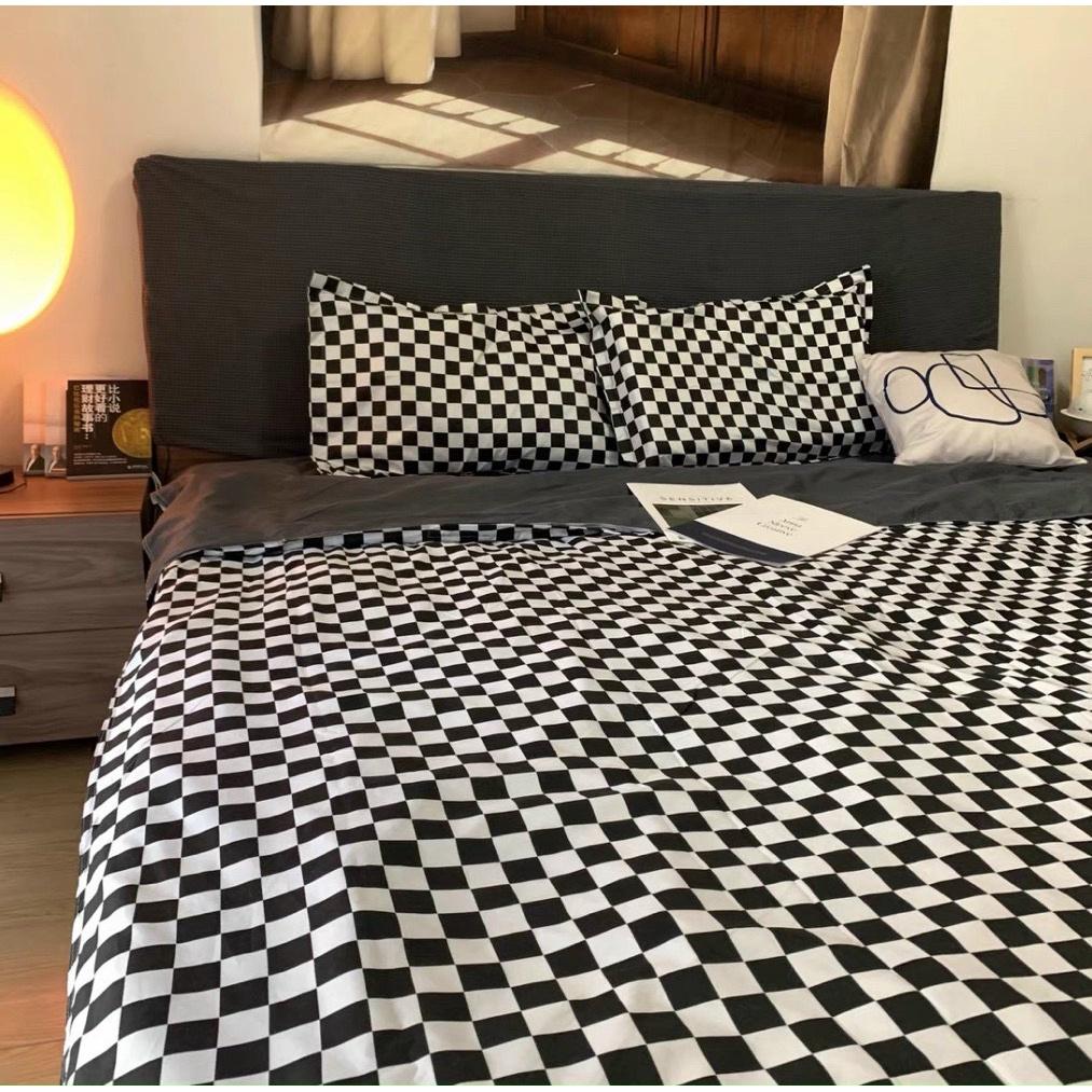 Bộ chăn ga gối Cotton poly M2T Bedding, vỏ chăn mền, drap ga giường và 2 vỏ gối - PL Bàn cờ vua đen nhỏ