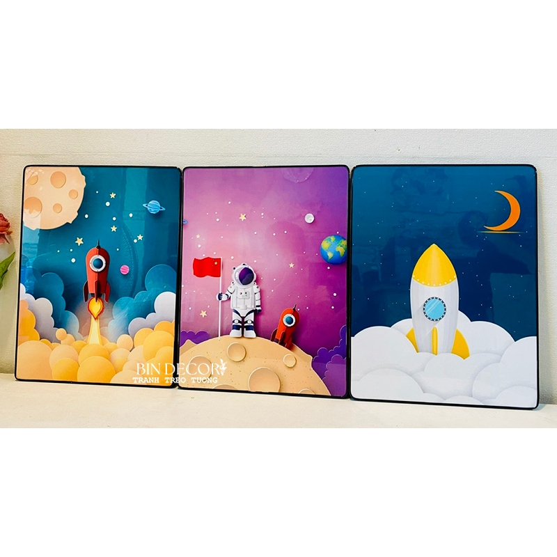 (ẢNH THẬT) Tranh treo tường phi hành gia bộ 3 tấm trang trí decor phòng bé trai