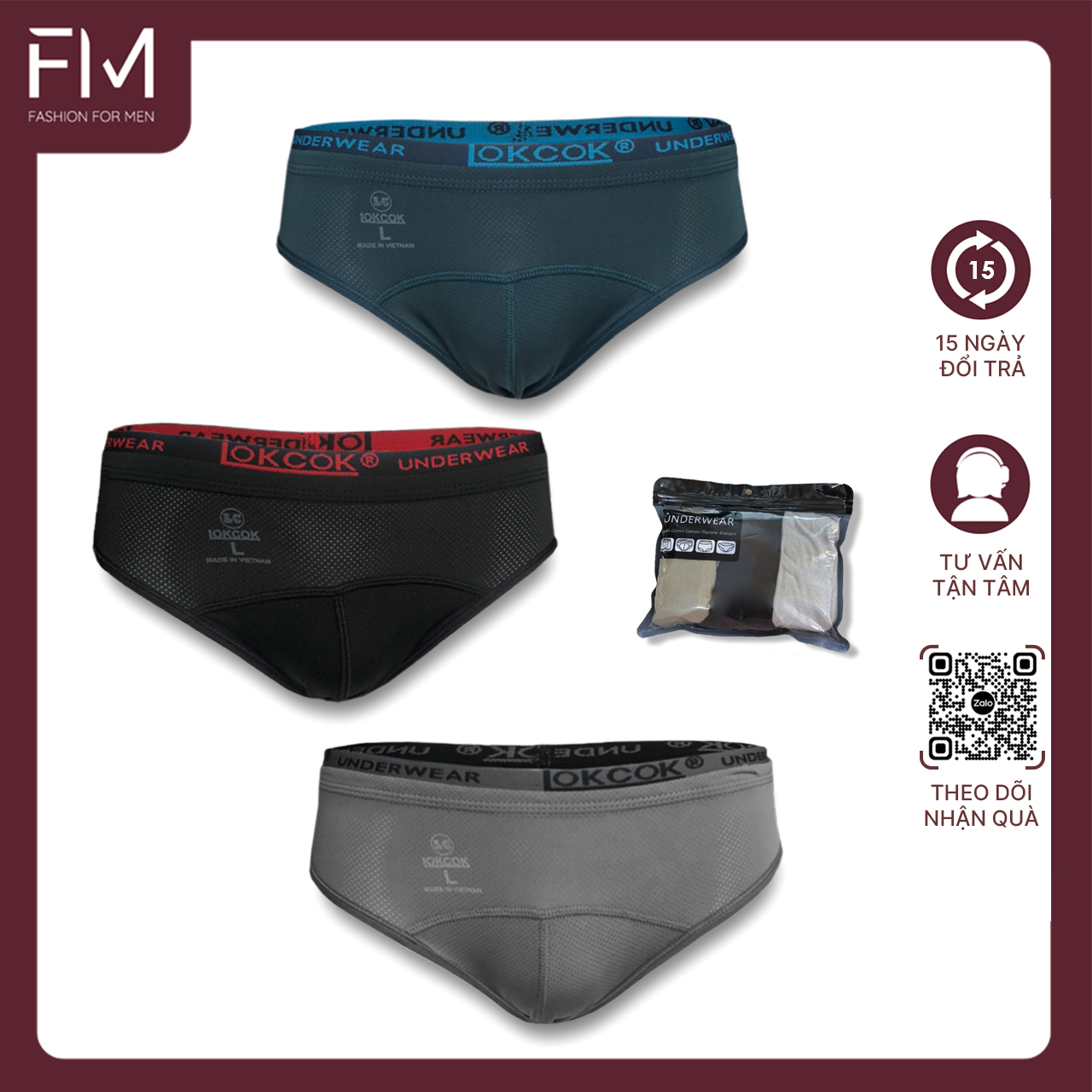 Combo 3 quần lót tam giác nam, chất thun cotton thấm hút mồ hôi tốt, thiết kế lưới thoáng mát - FORMEN SHOP - FMCB3QS019