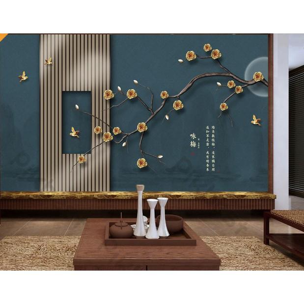 Tranh dán tường Nhánh hoa hồng vàng và ánh trăng sang trọng, Tranh 3d dán tường hiện đại MS1015540