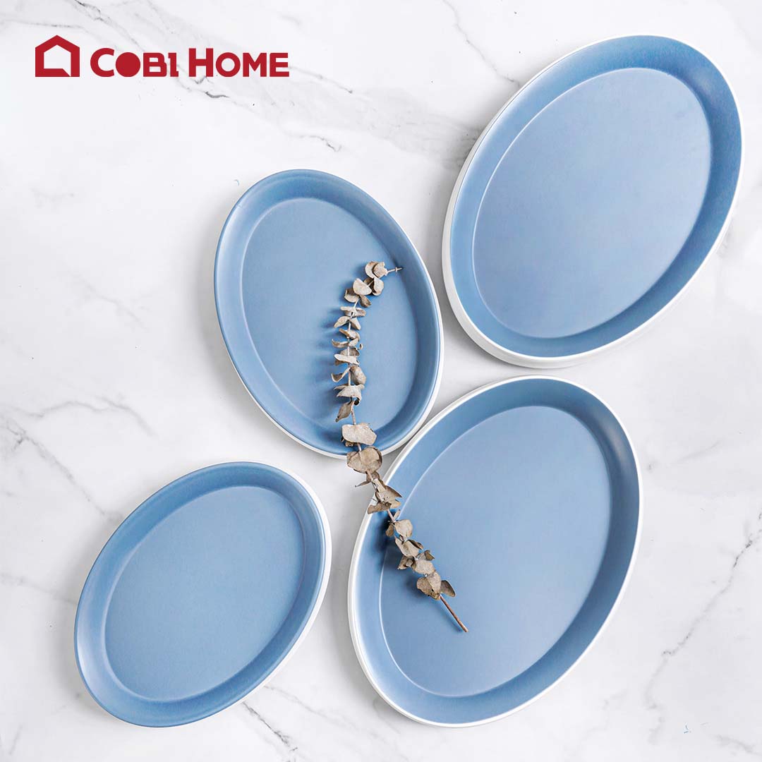 Dĩa tròn màu xanh vân trắng bằng melamine cao cấp - có 2 size