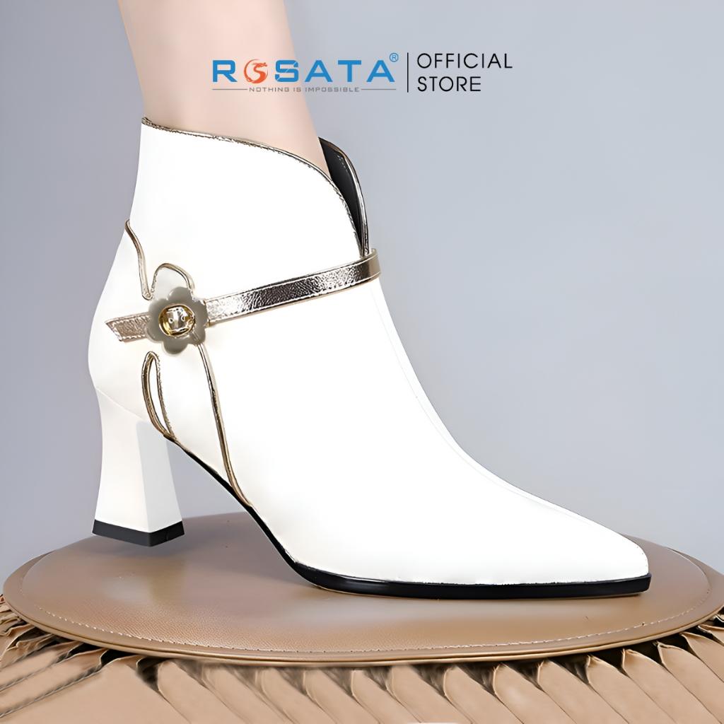 Giày Boots Nữ ROSATA RO604 Cổ Cao Mũi Nhọn Phối Kiểu Viền Vàng Khoá Kéo Gót  Trụ Cao 7cm Xuất Xứ Việt Nam - TRẮNG