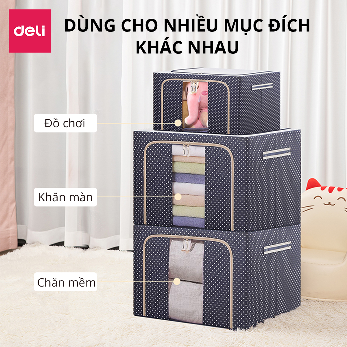 Túi Vải Đựng Quần Áo, Chăn Ga Gối Màn Gấu Bông, Sách Vở Khéo Khoá Deli - Hộp Vải Đựng Đồ Đa Năng Khung Thép Chịu Lực Cao Cấp - Nhiều Size Kích Cỡ Lớn Nhỏ