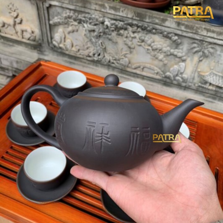 Bộ ấm chén uống trà cao cấp , bộ ấm trà Bát Tràng - trường sa phúc lộc thọ lòng chén trắng