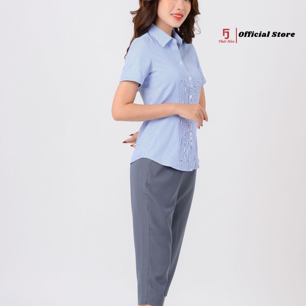 Áo sơ mi sọc thẳng ngắn tay Thái Hòa N823, sơ mi công sở nữ from đẹp kiểu dáng Basic