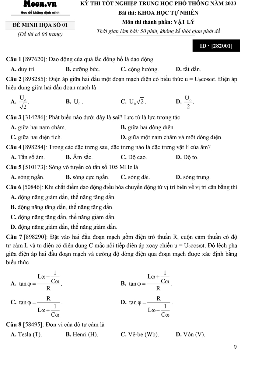 50 Đề Minh Họa 2023 Môn Vật Lý + Tặng Phiếu Trắc Nghiệm 40 Câu - MOON