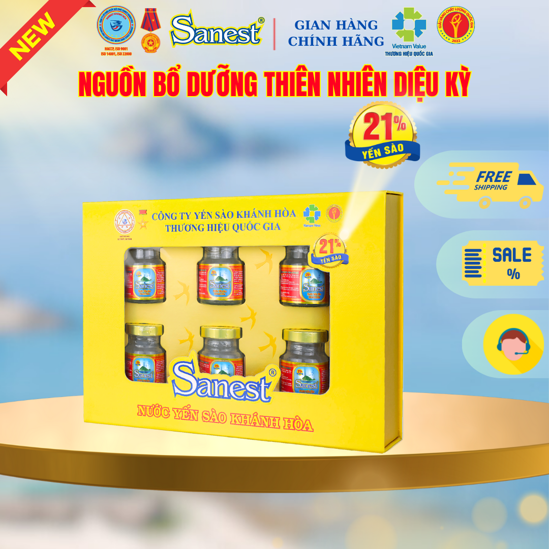 NEW [ Hộp 6 lọ quà tặng] Nước Yến sào Khánh Hòa Sanest 21% - Có đường