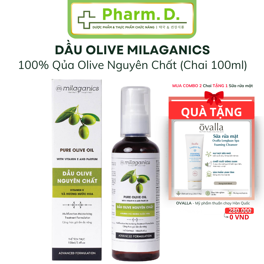 [CHÍNH HÃNG] Milaganics Pure Olive Oil 100ml – Dầu Olive Nguyên Chất Dưỡng Da, Dưỡng Tóc, Mờ Rạn