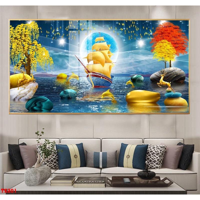 Tranh tráng gương bộ 120x60cm ba bức chủ đề phong cảnh tài lộc may mắn nhiều kích thước