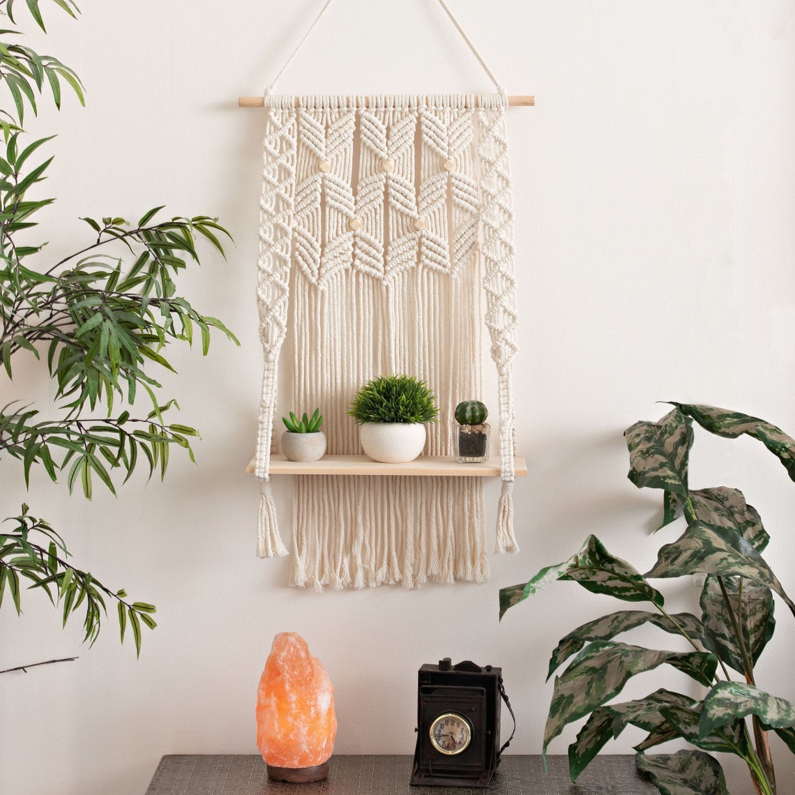 Kệ Gỗ thông Treo Tường Macrame KM01 50x85 cm - Kệ để đồ, kệ sách, trang trí tường