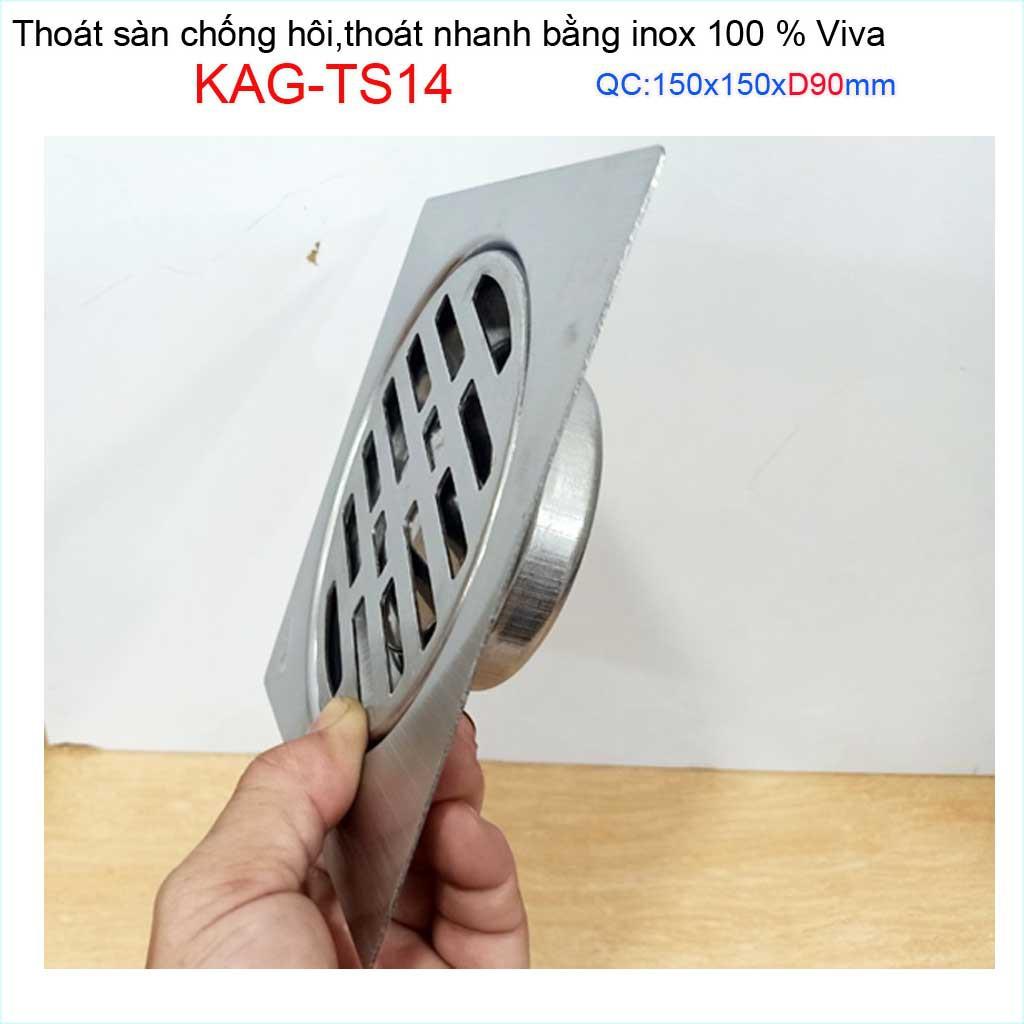 Hố ga thoát sàn Viva ống D90-9cm Inox mờ, phễu thoát nước chống hôi D90 vuông 15x15cm KAG-TS14