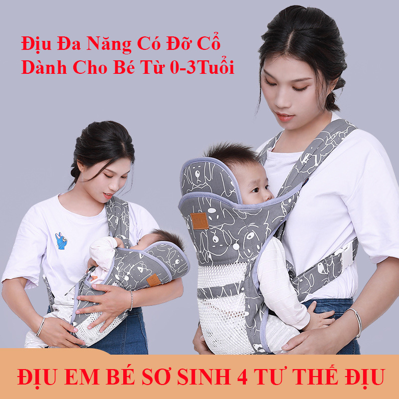 Địu em bé sơ sinh có đỡ cổ thoáng khí nhiều tư thế địu