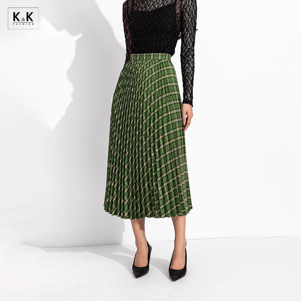 Chân váy midi xòe xếp ly họa tiết caro K&amp;K Fashion CV05-17 Chất Liệu Cotton Lụa Liberty