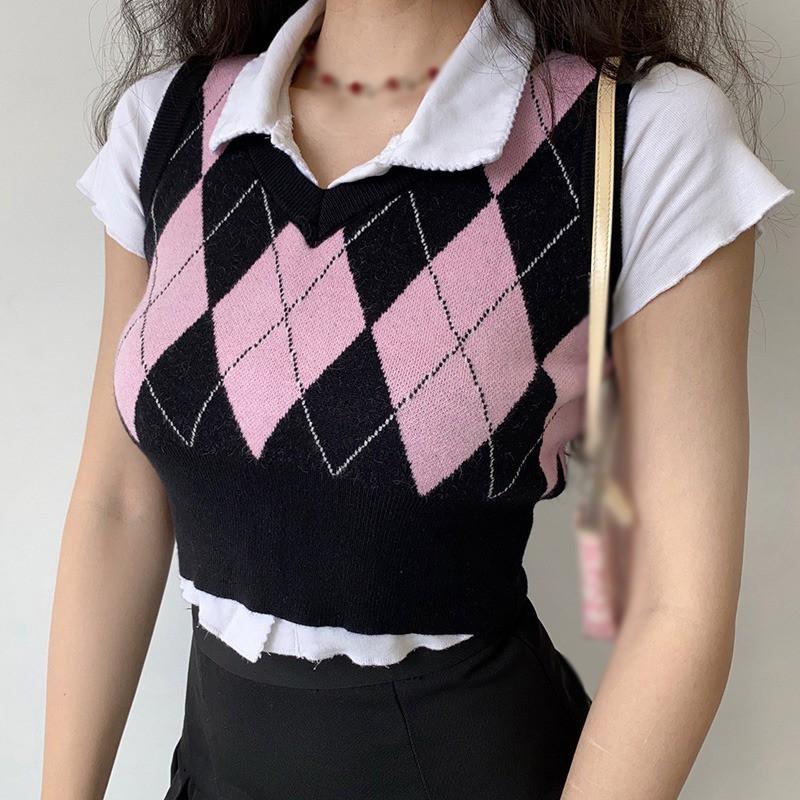 Áo Tank Top Dệt Kim Cổ Chữ V Màu Tương Phản Phong Cách Retro Cho Nữ