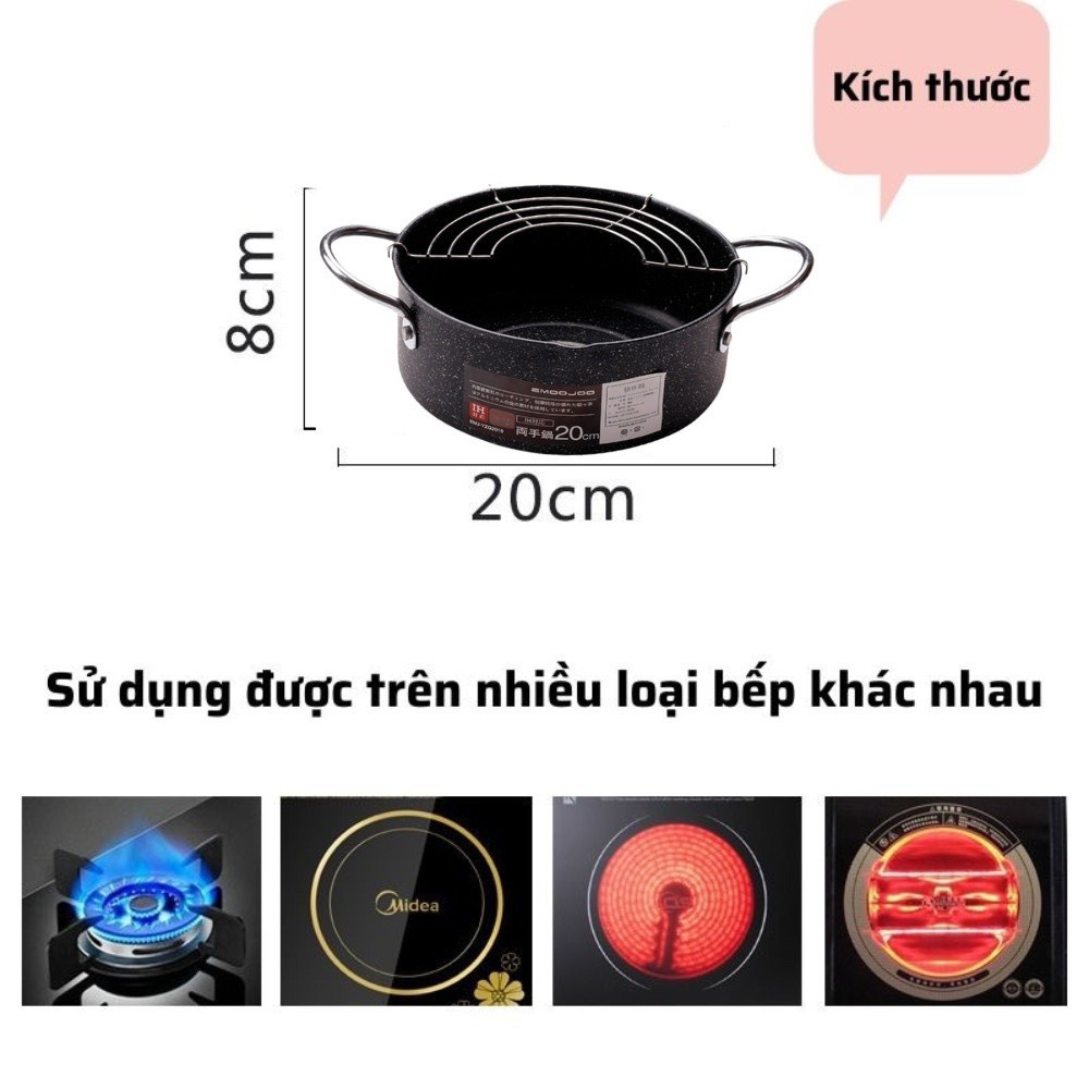 Nồi chiên/rán ngập dầu chống dính kèm khay ráo dầu có tay cầm 20cm Nhật Bản, sử dụng được trên mọi loại bếp từ, gas, hồng ngoại, Hàng chính hãng Model EmooJooKittchen