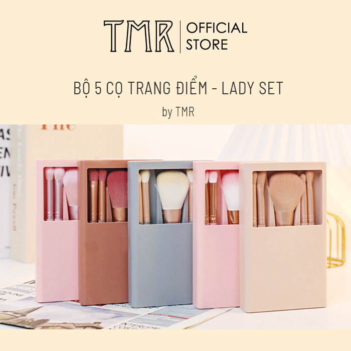 [Set 5] Cọ Trang Điểm Lady Kèm Gương chính hãng TMR, Hông_Xanh_Be, Makeup cơ bản với nhiều phong cách, tiện dụng