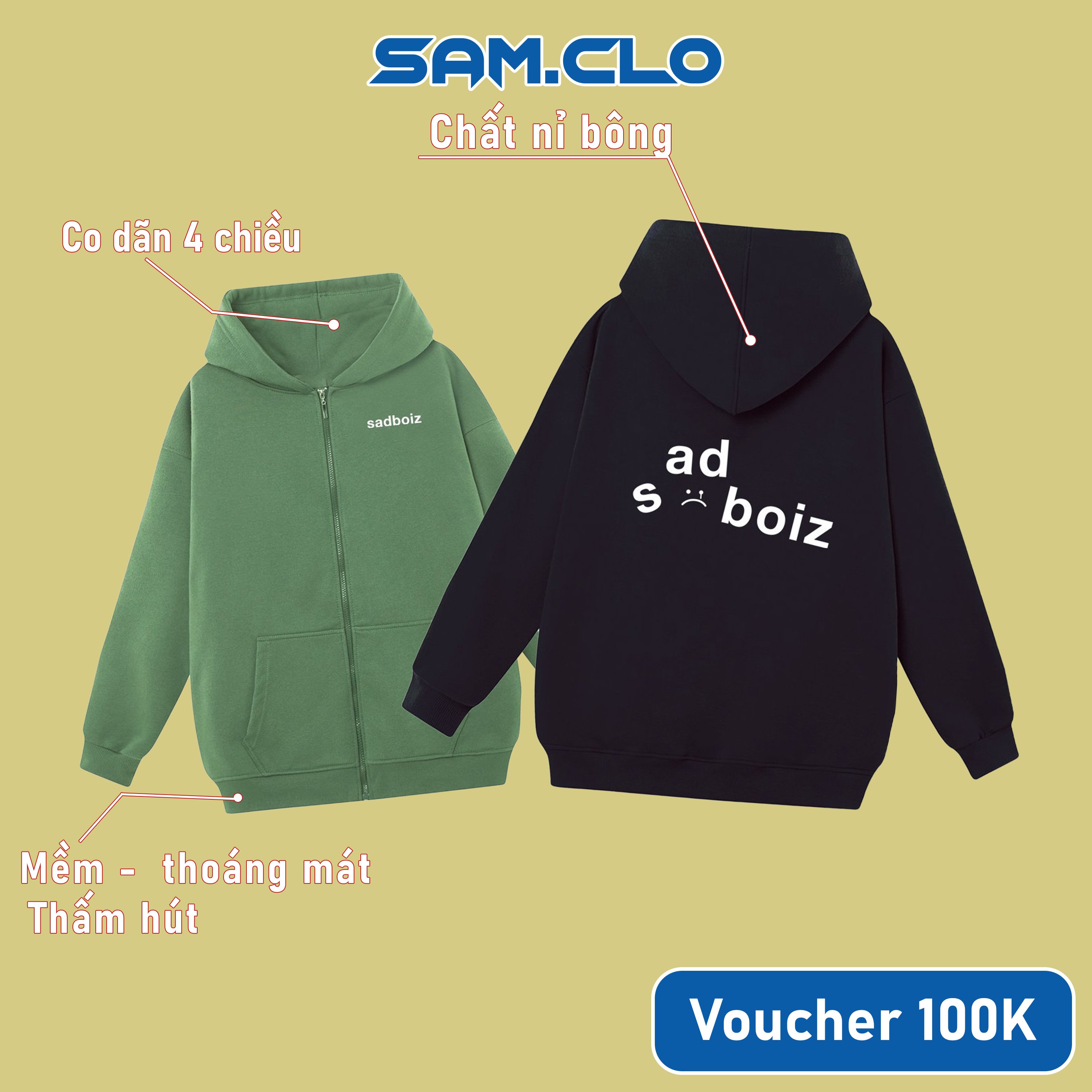 Áo khoác Hoodie Zip nam nữ SAM CLO có khóa kéo chất tay dài thu đông form rộng ZIP MẶT BUỒN SADBOIZ