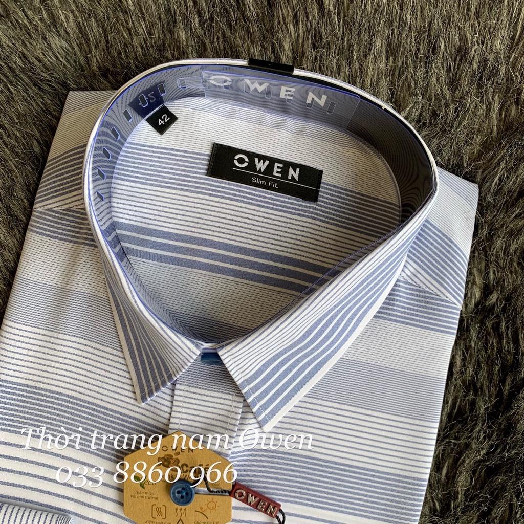 OWEN - Aó sơ mi dài tay Owen regular fit chất sợi cafe sọc ngang xanh trắng 23326