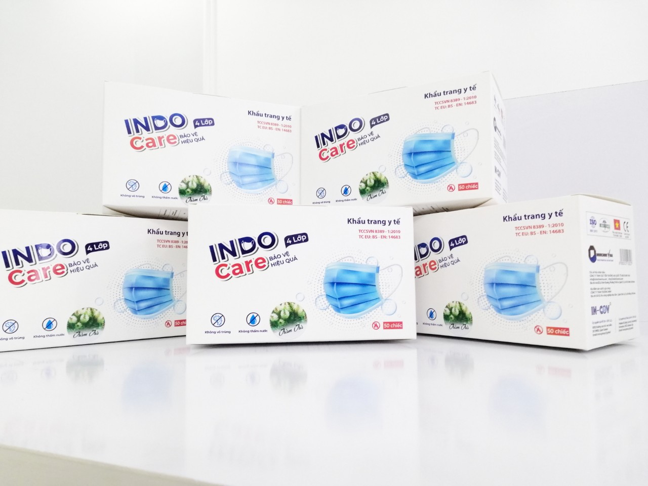 COMBO 5 HỘP KHẨU TRANG INDO CARE - Tinh Dầu Thiên Nhiên (Tặng thêm 1 hộp khẩu trang + 1 chai nước rửa tay)