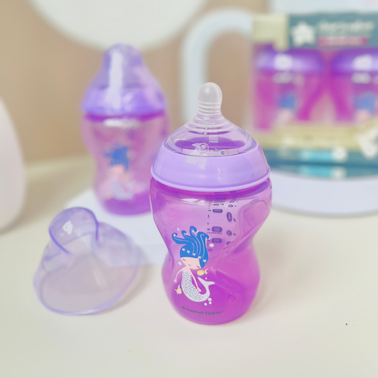 Bình sữa ty siêu mềm tự nhiên Tommee Tippee Closer to Nature 260ml, núm ty đi kèm 3-6 tháng – Tím (Bình đôi)