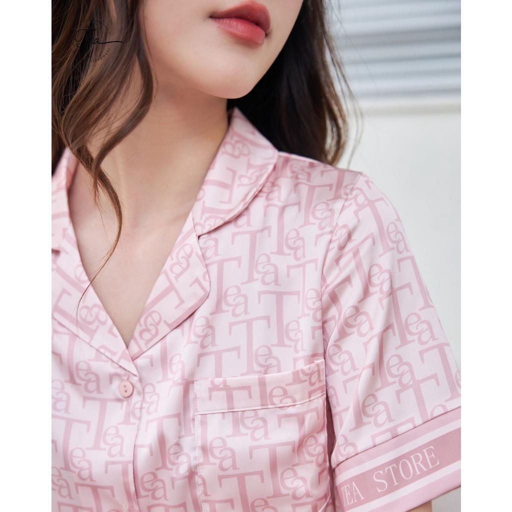 Bộ mặc nhà pyjama lụa cao cấp Tea Store tay ngắn quần dài họa tiết chữ Tea sang trọng