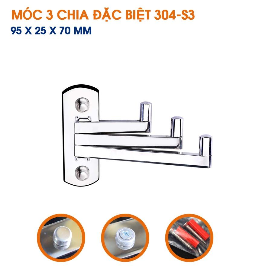 Móc quần áo TOVASHU 3 chia treo sau cửa inox 304 (Inox 304 - Bảo hành 20 năm)