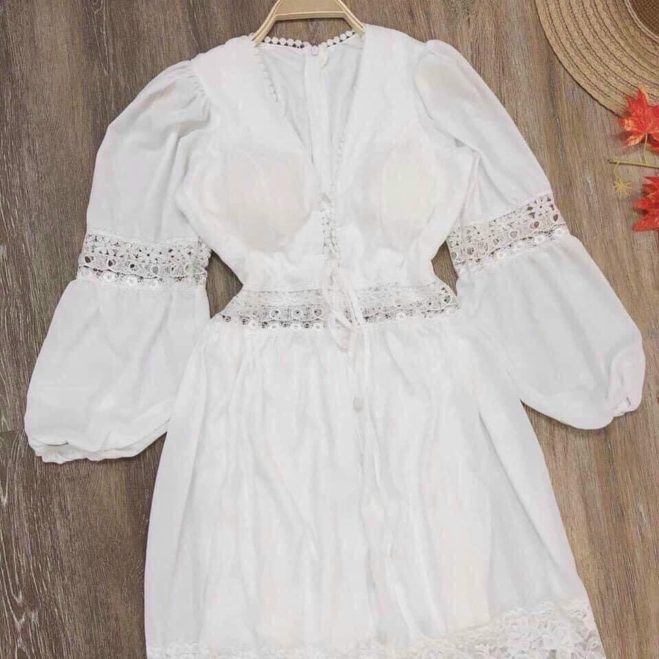 Đầm Maxi Dài Tay Ren Bo Eo - Váy Trắng Phối Ren Dự tiệc,đi biển