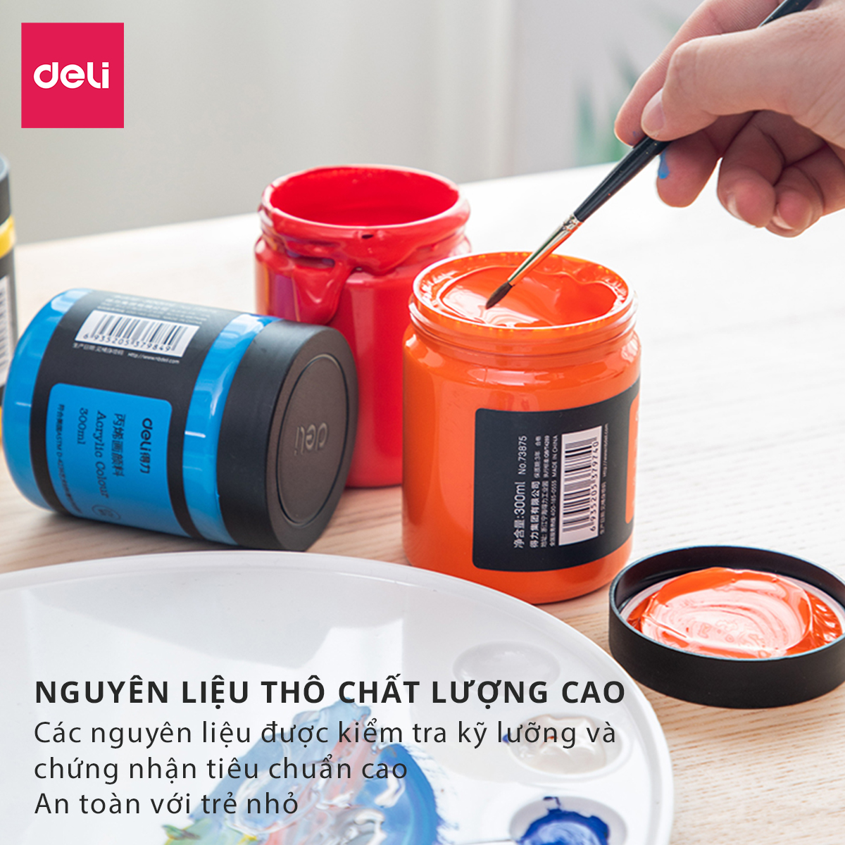 Màu Acrylic 300ml cao cấp dạng hũ Deli - Tô đất sét, đất nặn tự khô, vẽ vải, giày, đa chất liệu, tươi sáng, nhanh khô - Nhiều màu sắc - 73875