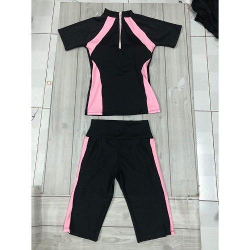 đồ bơi nữ kín đáo tay ngắn quần bơi đùi, lững đen phối hồng đi bơi đi biển đồ bơi học sinh HM94VA