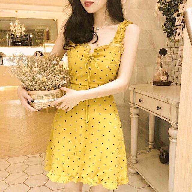 VÁY HAI DÂY CHẤM BI ,Đầm váy bi vàng 2 dây bèo