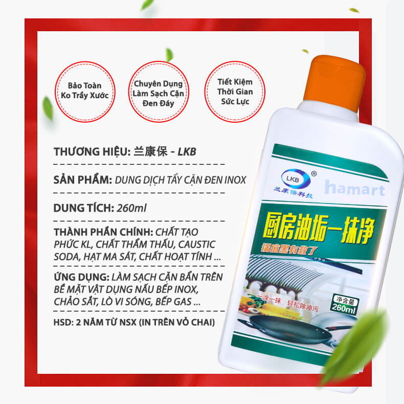 Dung Dịch Tẩy Cặn Đen Đáy Nồi Chảo LKB Chai 260ml Vệ Sinh Nhà Bếp Đa Năng Hiệu Quả Tiện Lợi