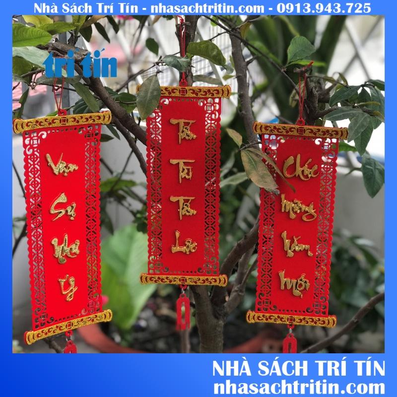 1 Dây treo trang trí tết LIỄN NHUNG ĐỎ viền hoa văn dài 50cm