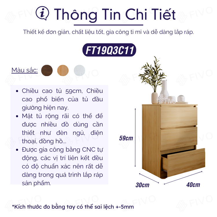 Tủ Đầu Giường Mini Giá Rẻ Tự Lắp Ráp FIVO FT19, Mặt Tủ Rộng Rãi, Chân Tủ Chắc Chắn, Thiết Kế Thẩm Mỹ - 3 Hộc Tủ