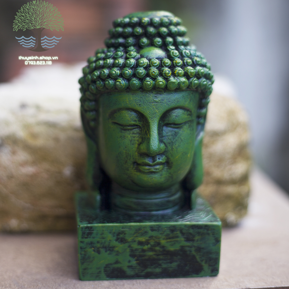 Diện Phật Thích Ca màu xanh rêu cao 15cm trang trí hồ cá, thuỷ sinh, tiểu cảnh, bán cạn, terrarium