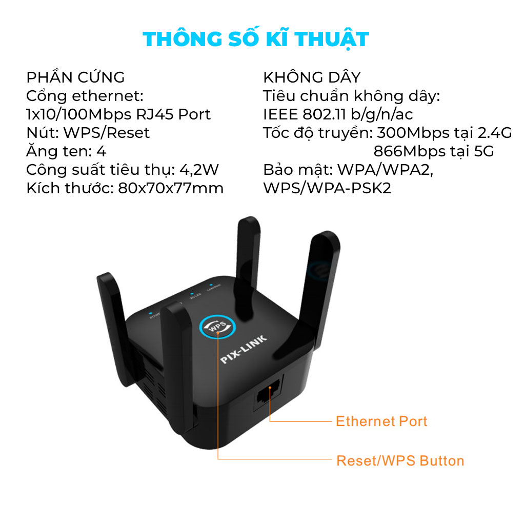 Bộ kích sóng Wifi 5G PIX-LINK LV- AC24 Pro Tần Số Kép AC 1200 Mở Rộng Vùng Phủ Sóng Thêm 50m cực Khỏe - Hàng Chính Hãng