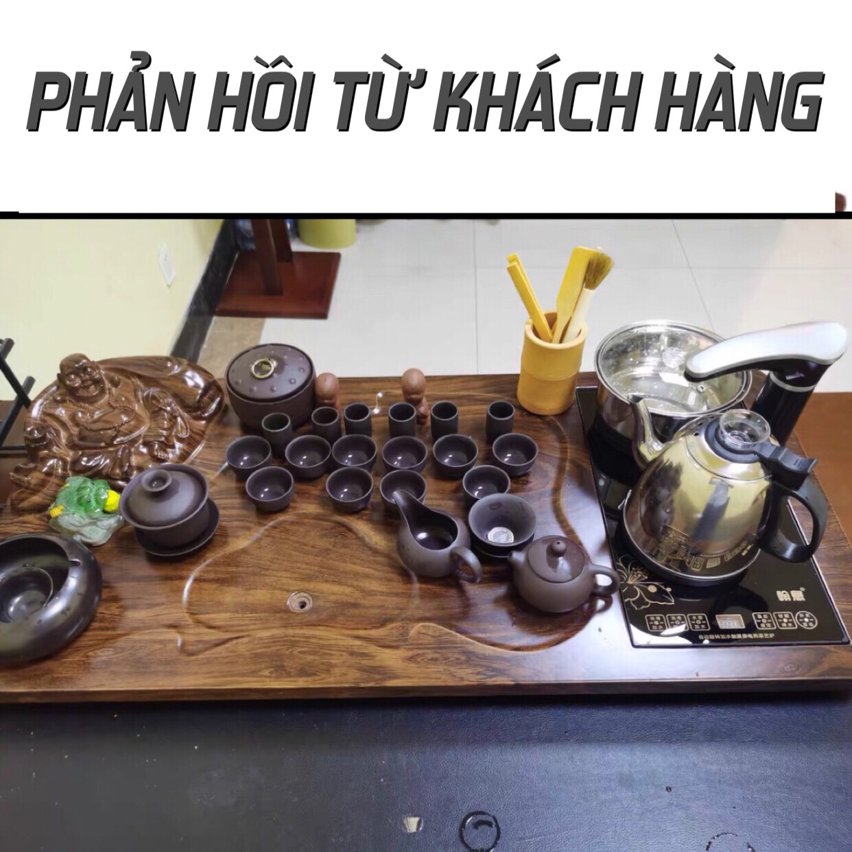 Bàn trà điện gỗ đa năng tự động ,phật di lặc 0917 ,Bếp đun nước inox cảm ứng thông minh kèm ấm chén trà đạo độc lạ gốm sứ tuỳ chọn ,sản phẩm bao gồm một bộ như hình